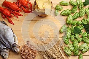 crawfish, dried fish and hop cones on light wooden background. Beer brewery concept. Beer background. top view with copy space