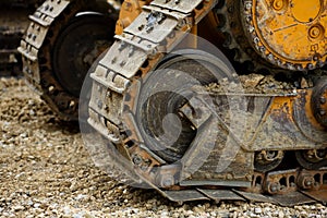 The Crawler close up , muddy crawler chain detail in earthy ambiance, Well used excavator tracks closeup