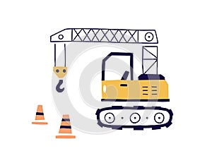 Crawler crane, cute construction transport in Scandinavian style. Industry vehicle with lifting arm for building and