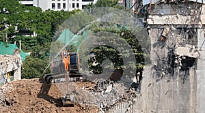 Crawler excavator at a demolition site