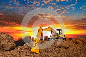 Crawler excavator is digging soil in the construction site