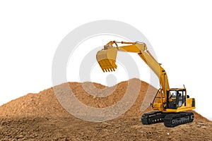 Crawler Excavator is digging soil in the construction site with bucket lift up .