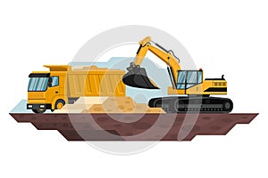 Crawler excavator filling a dump truck in a construction and mining with heavy machinery 3d
