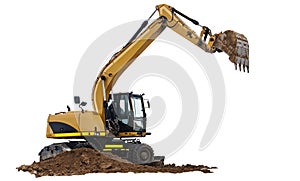 Crawler excavator isolated on white background. Powerful excavator with an extended bucket close-up. Construction equipment for