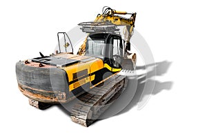 Crawler excavator with a large bucket on a white isolated background. Powerful excavator with an elongated bucket close-up, top
