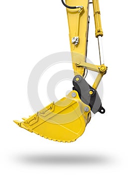 Crawler excavator with lift up bucket isolated on white background. Powerful excavator with an extended bucket close-up.