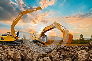 Crawler Excavators are digging the soil in the construction site.