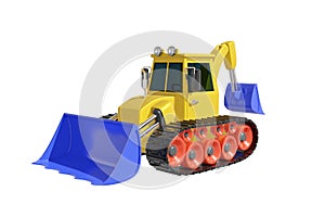 Crawler tractor with bucket cartoon style realistic design pastel yellow, blue, red color. Kids toy isolated white background.