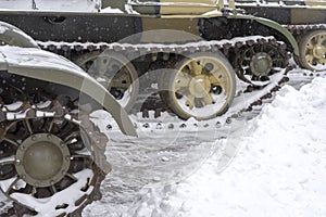 Crawler wheels of an old tank in the city Museum