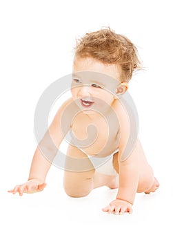 Crawling Baby Boy, Happy Child in Diaper Crawl White Isolated