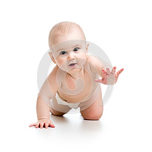 Crawling baby girl isolated on white background