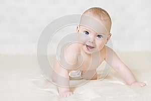 Crawling Baby, Happy Kid Boy Indoors Portrait, Infant Child