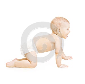 Crawling Baby, Infant Kid Crawl on white, Happy Three Months old Child