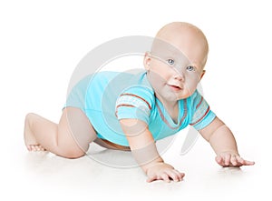 Crawling Baby, Infant Kid Crawl in romper on white, Happy six months old Child photo