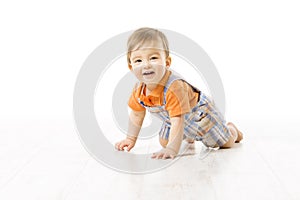 Crawling Baby, Infant Kid Crawl on white floor, Happy One year old Child