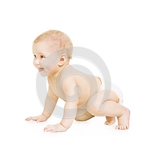 Crawling Baby, Infant Kid Crawl on white, Happy Three Months old Child