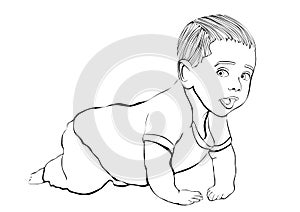 Crawling baby vector outline hand drawing, coloring, sketch. Black and white cartoon small child crawls on the knees, drawn portra
