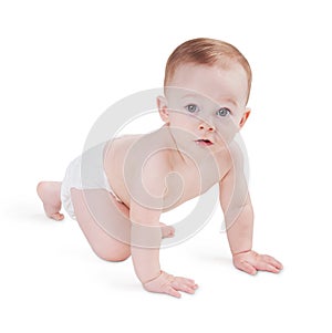 Crawling baby on white background