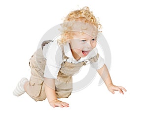 Crawling Child, One Year Old Kid Crawl on all fours, Baby on White