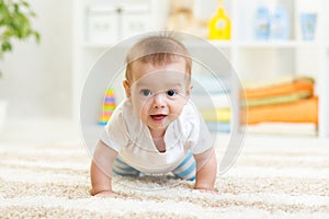 Crawling funny baby boy indoors at home