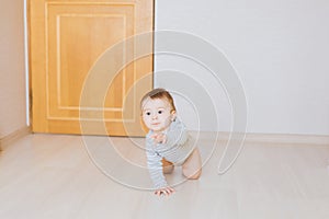 Crawling funny baby boy indoors at home