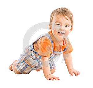 Crawling Kid, Child one year old, Happy Baby Isolated over White