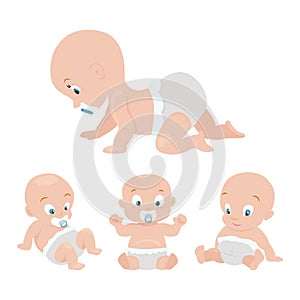 Crawling, sitting and smiling newborn boy or girl with a dummy.