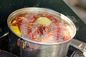 Crayfish cooking with lemon in pot