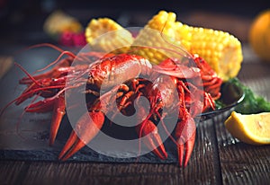 Crayfish. Creole style crawfish with corn and potato photo