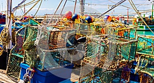 Crayfish nets and traps on a small fishing boat