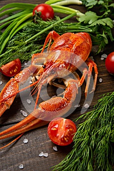 Crayfish. Red boiled crawfishes on table in rustic style, closeup. Lobster closeup.