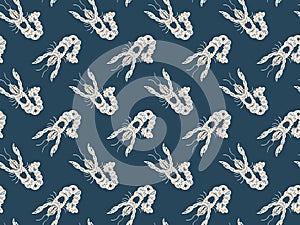 Crayfish seamless pattern with ethnic ornaments on a dark background. Hand-drawn Astacidae family of crustaceans. Cancer zodiac si