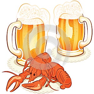 Crayfish and wine glass with the beer