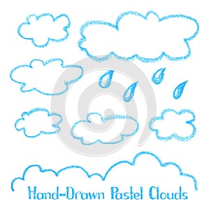 Crayon blue clouds on white background. Cloud hand-drawn illustration isolated. Kids art drawing