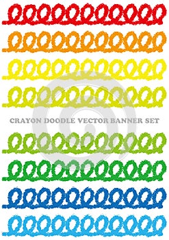 Set of colorful crayon doodle borders isolated on a white background.