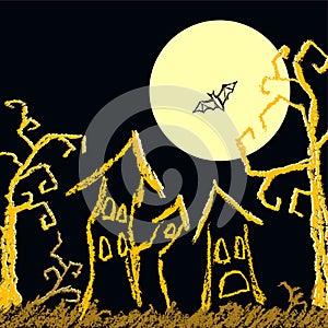 Halloween dark background with spooky naked trees, moon, bat and old house. photo