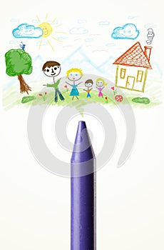 Crayon close-up with a paint drawing of a family