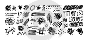 Crayon Pencil Scribble Textures and Shapes. Children's Charcoal Hand Drawn Doodle Scratches. Vector