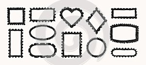Crayon Postage Frames Set. Vector Hand Drawn Chalk Postal Stamp. Doodle Postage Shapes Border