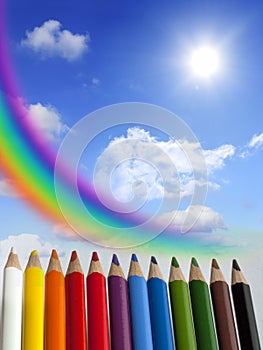Crayons clouds rainbow and sun concept