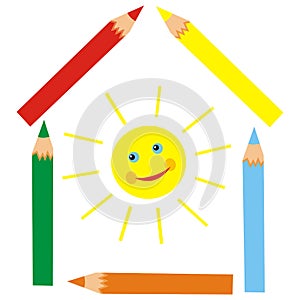 Crayons and sun, banner, vector illustration