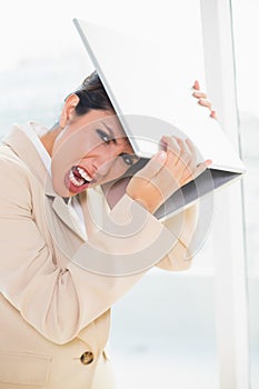 Crazed businesswoman hitting head off laptop looking at camera