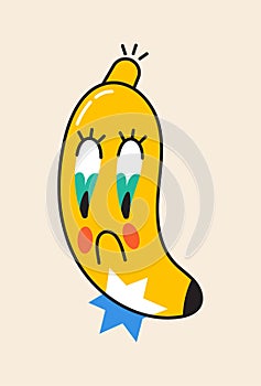 Crazy banana sticker vector. Abstract comic character with big angry eye