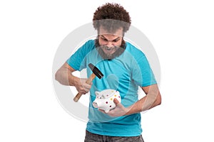 Crazy bearded man with piggy bank