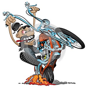 Crazy biker on an old school chopper motorcycle cartoon vector illustration photo