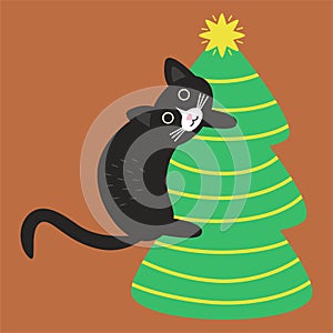 Crazy black cat climbed the Christmas tree