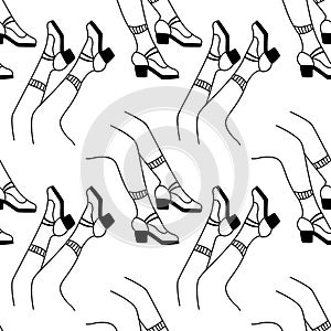 Crazy black and white seamless pattern with comic female legs in shoes