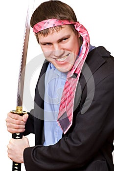 Crazy business man with a sword