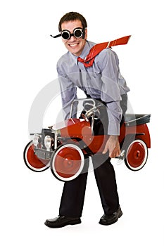 Crazy businessman with budget transportation