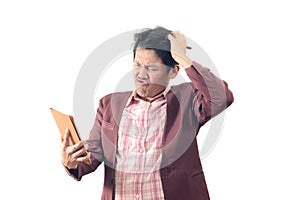 Crazy businessman holding tablet in silly emotion isolate on white background